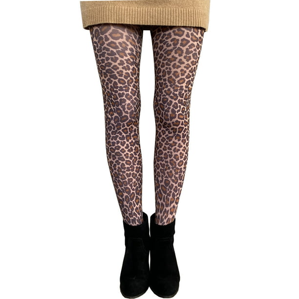 Leopard Print Pattern Opaque Footless Tights Pantyhose Brown one size 8-14 UK